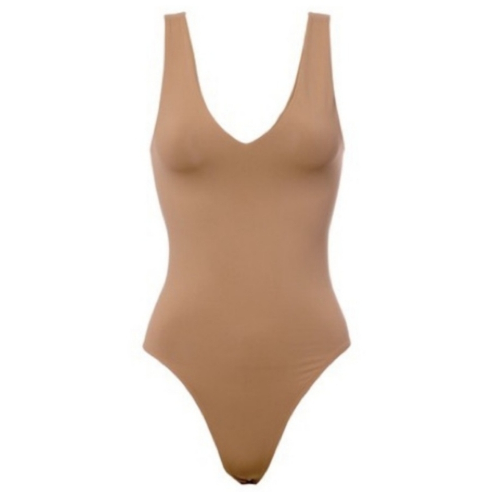 Shinestar Mocha Deep V-Neck Bodysuit Sz Small -Sleek Stretchy Layering Essential